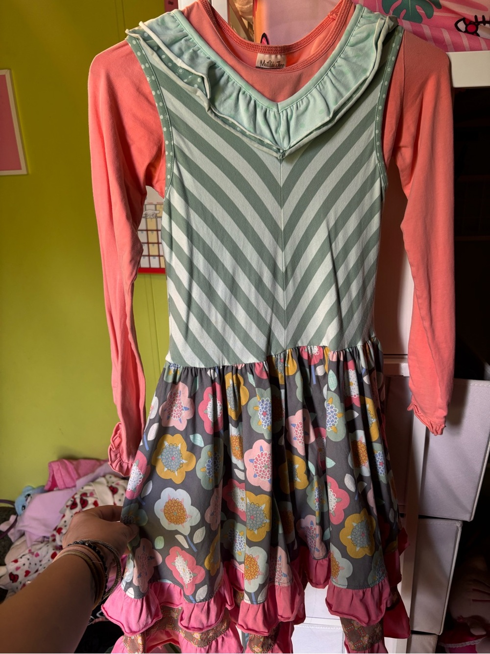 Matilda Jane Coral Sleeve Mint Striped & Floral Layered Dress